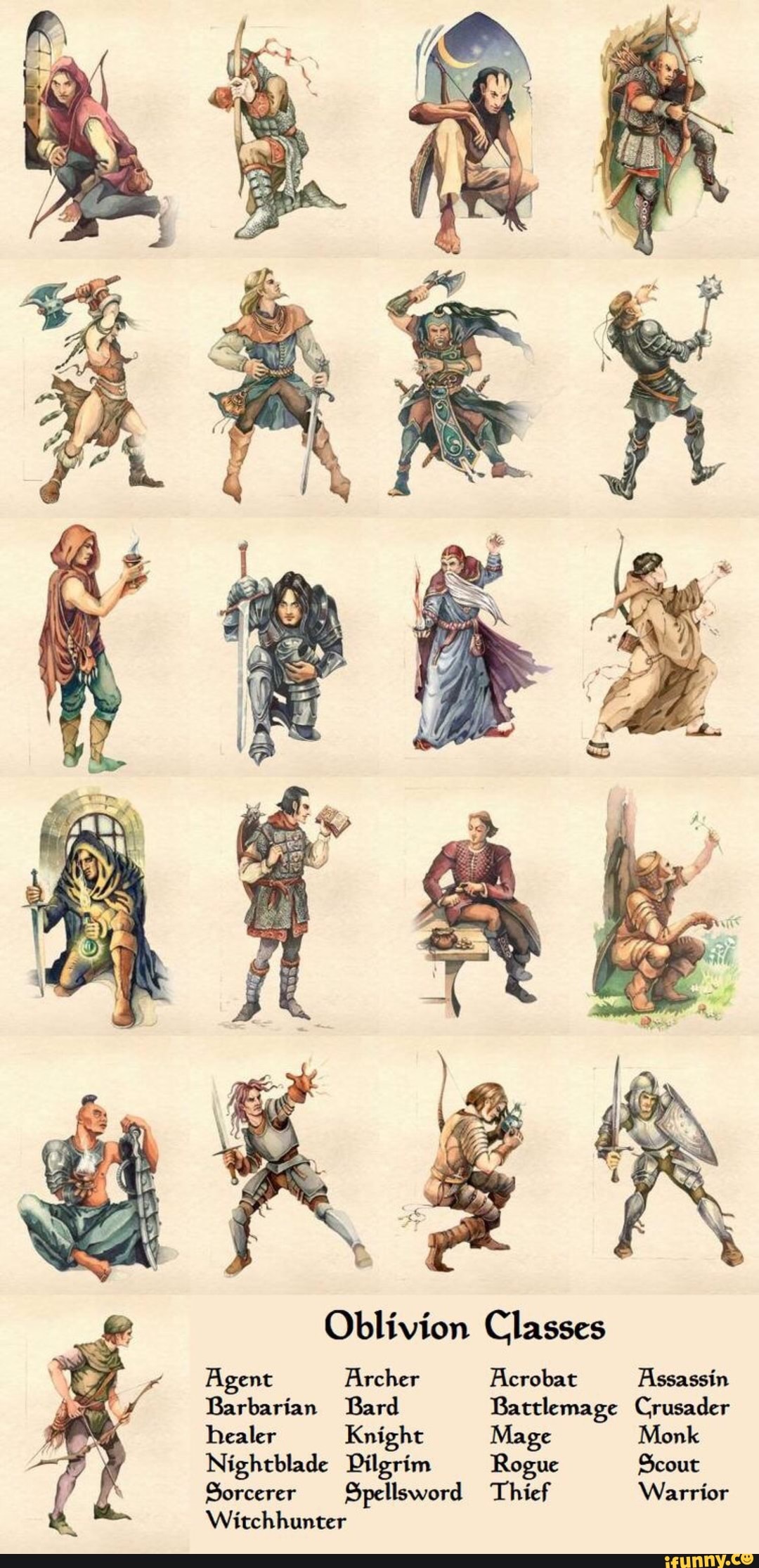 Oblivion Classes Agent Hrchcr Hcrobat Assassin Barbarian Bard Battlcmagc Crusader Healer Knight Mage Monk Nightbladc Pilgrim Rogue Scout Sorcerer Spellsword Thief Warrior Witchhuntcr Ifunny oblivion classes agent hrchcr hcrobat