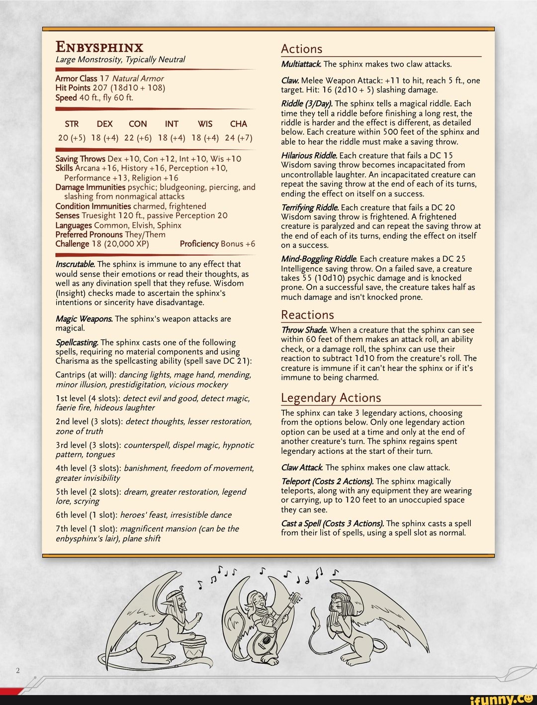 Enbysphinx, the NonBinary Sphinx, including Stat Block and Lore (5e