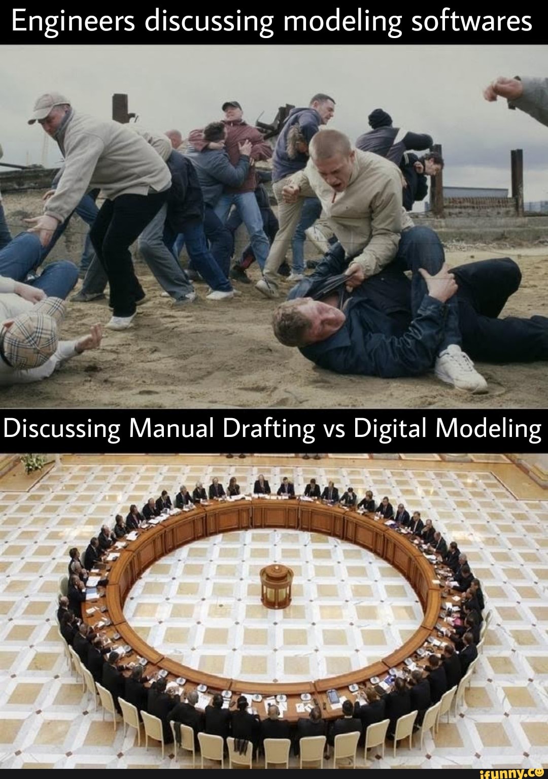 Engineers discussing modeling softwares SS Discussing Manual Drafting