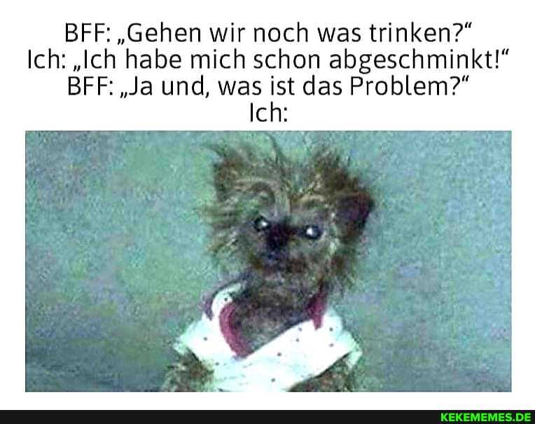 BFF: "Gehen wir noch was trinken?"
Ich: "Ich habe mich schon abgeschminkt!"
BFF: "Ja und, was ist das Problem?"
Ich: