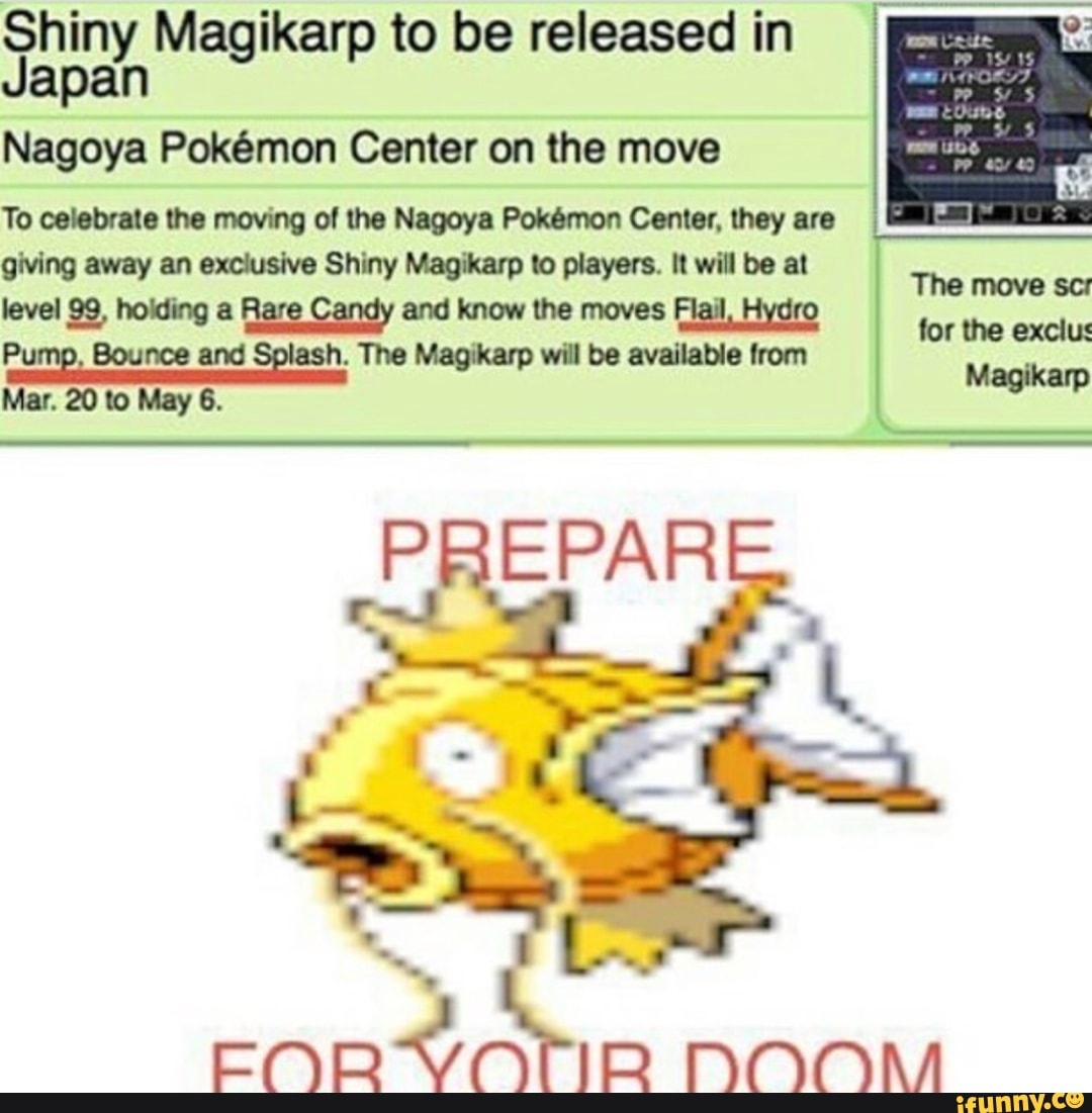 Shiny Magikarp To Be Released In Japan Nagoya Pokemon Center On The Move Toabbruolnnmhgdlhonaooyawncmm Mm M Wawwmmww Ifunny