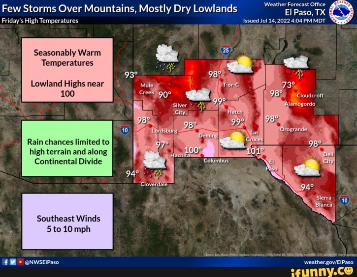 Few Storms Over Mountains, Mostly Dry Lowlands Friday's High