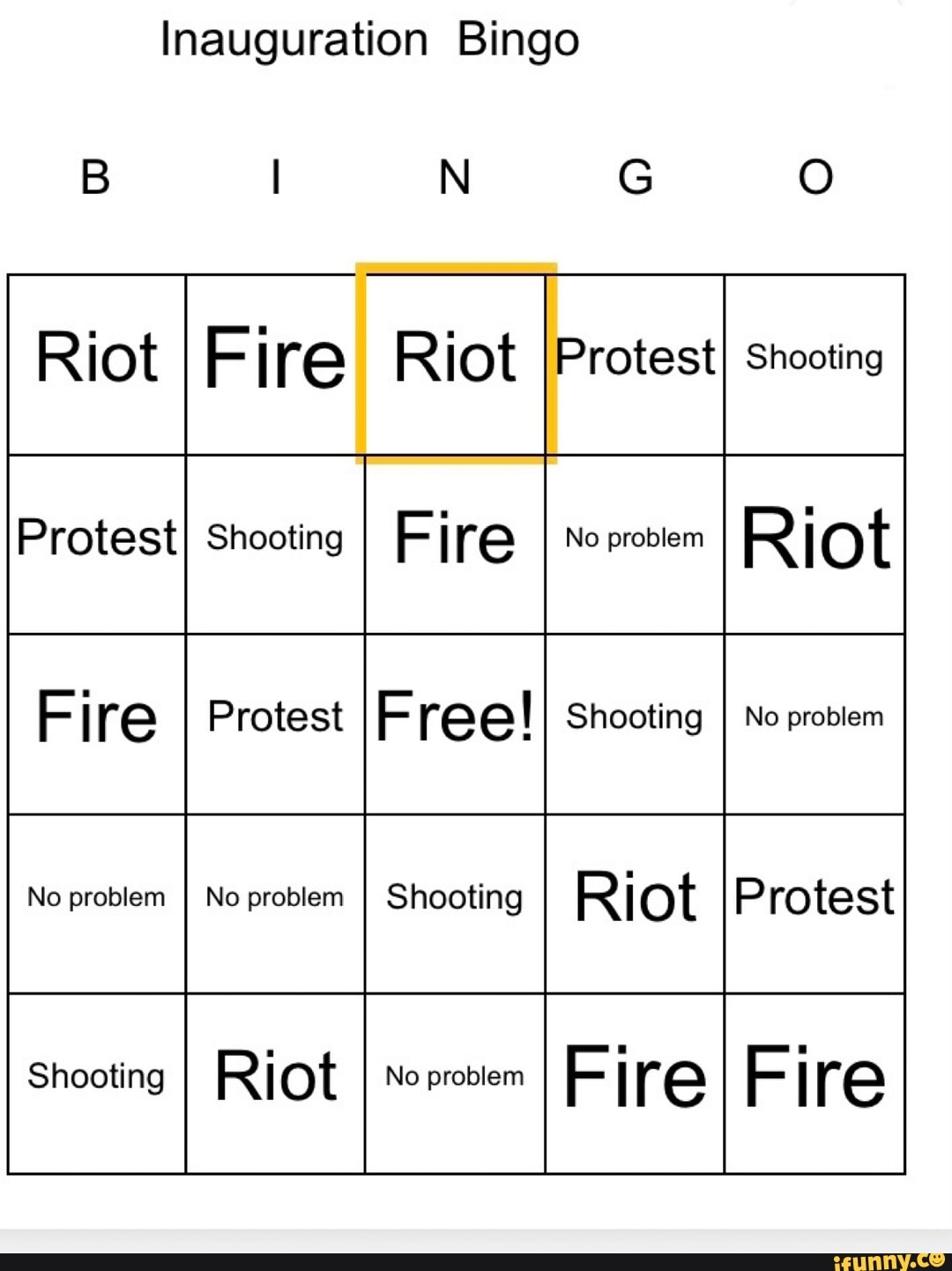 Inauguration Bingo Riot Fire Riot IProtest) Sheeting ProtestI Shooting ...