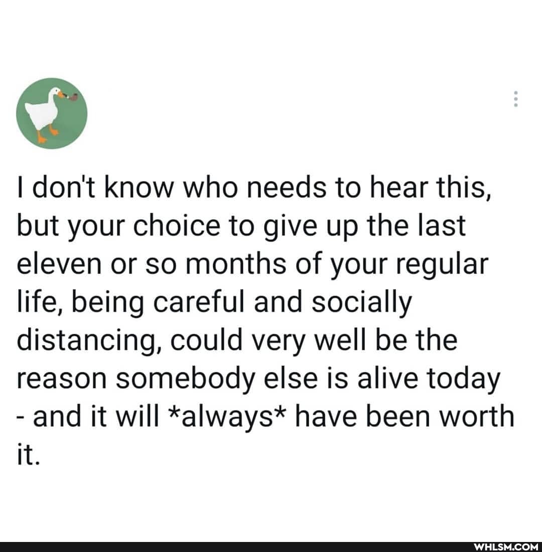 I don't know who needs to hear this, but your choice to give up the last eleven or so months of your regular life, being careful and socially distancing, could very well be the reason somebody else is alive today
- and it will *always* have been worth it.