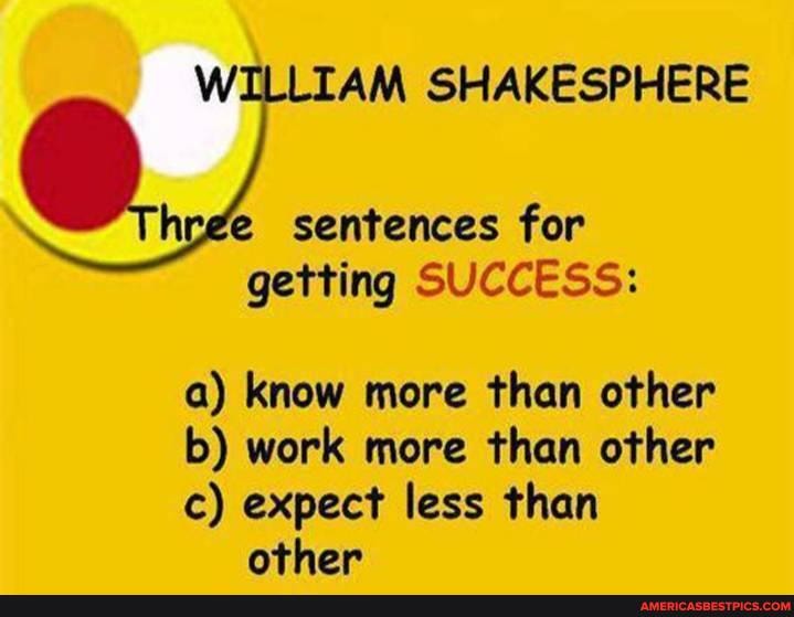 AM SHAKESPHERE
fe sentences for
getting SUCCESS:
a) know more than other
b) work more than other
c) expect less than other