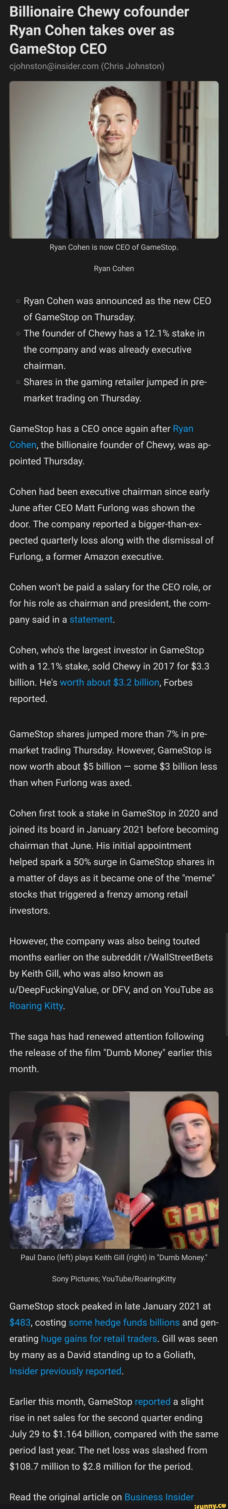 Billionaire Ryan Cohen takes over as CEO at GameStop, adding to