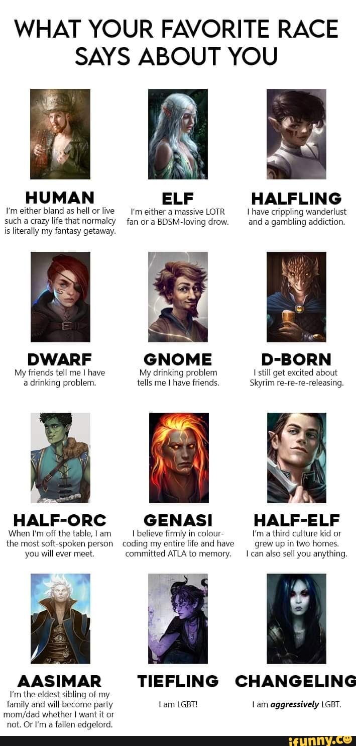 WHAT YOUR FAVORITE RACE SAYS ABOUT YOU HUMAN ELF HALFLING I'm either ...