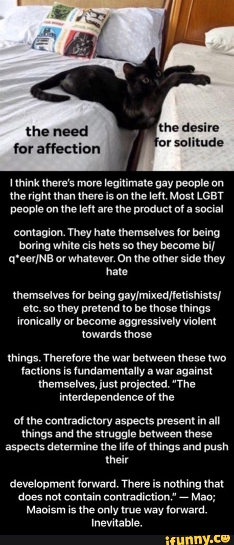 the need for affection
the clesire
think there's more legitimate gay people on the right than there is on the left. Most LGBT people on the left are the product of a social
contagion. They hate themselves for being boring white cis hets so they become bi/
NB or whatever. On the other side they hate
themselves for being etc. so they pretend to be those things ironically or become aggressively violent towards those
things. Therefore the war between these two factions is fundamentally a war against themselves, just projected. "The interdependence of the
of the contradictory aspects present in all things and the struggle between these aspects determine the life of things and push their
development forward. There is nothing that does not contain contradiction." - Mao;
Maoism is the only true way forward.
Inevitable. - development forward. There is nothing that does not contain contradiction.” — Mao; Maoism is the only true way forward. Inevitable.
