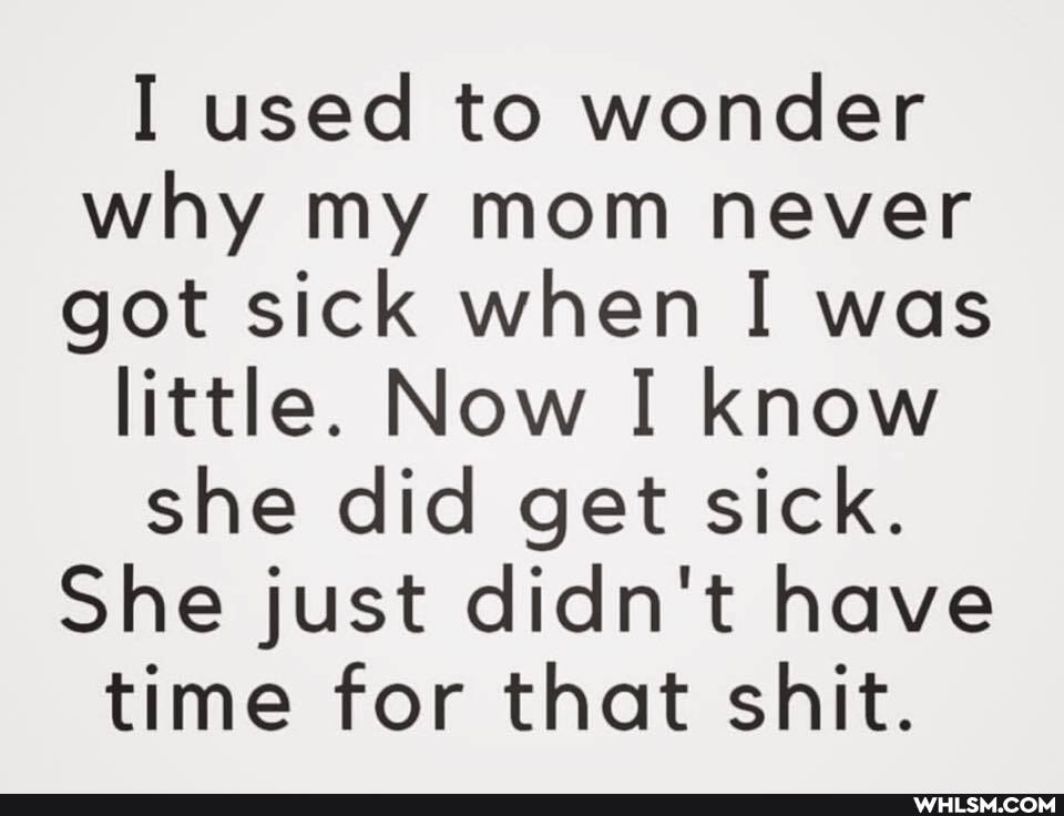 I used to wonder why my mom never got sick when I was
little. Now I know
she did get sick.
She just didn't have time for that shit.