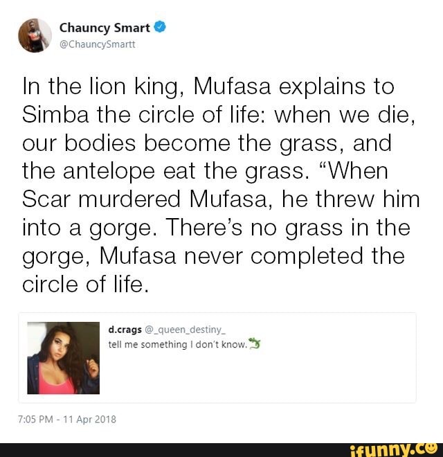 In the lion king, Mufasa explains to Simba the circle of life: when we