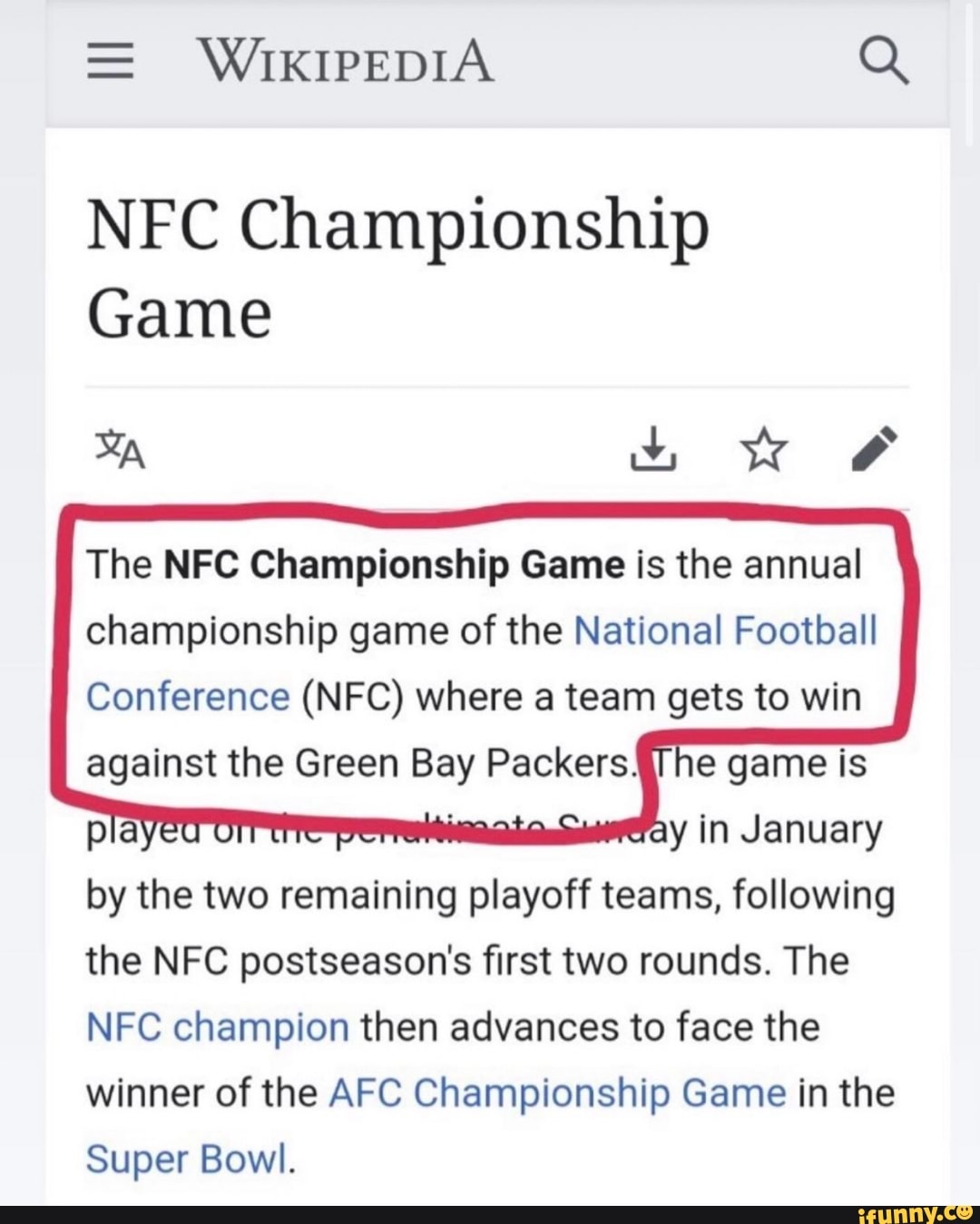 WIKIPEDIA NFC Championship Game The NFC Championship Game is the annual championship  game of the National