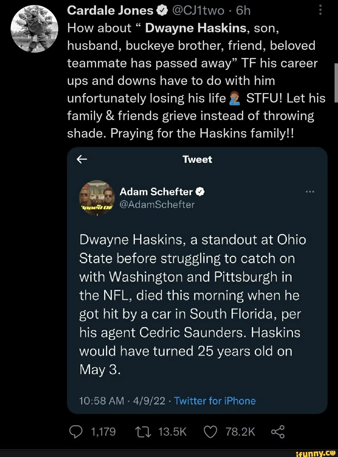 Cardale Jones CJitwo How about " Dwayne Haskins, son, husband