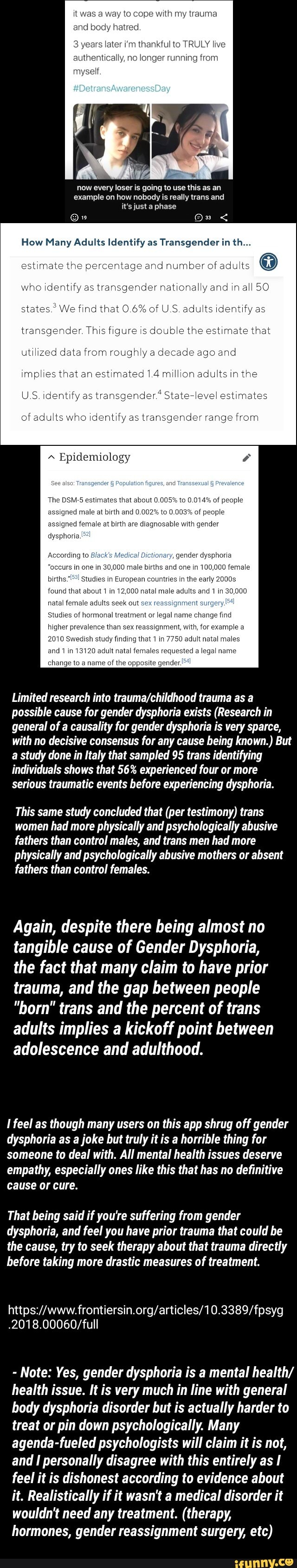 it was way to with my trauma and
S years later i'm thankful to TRULY live euthentically, no longer running from
SDatvansAwarenessDay
now every loser is going to use this as an example on how nobody is really trans and just a phase
How Many Adults Identify as Transgender in th estimate the percentage and number of adults who identify as transgender nationally and in all 50 states." We find that 0.6% of U.S. adults identify as transgender. This figure is doubie the estimate that utilized data from roughly a decade ago and impties that an estimaied 1.4 million adults in the
US. identify as "ransgender' State-level estimates
of adults who identify as transgender range from
Fpidemiology
'The timates that about O.014% of peapte asaigned male at birth and assigned temale at birth are dlagnosable with gender
Acssrding dyaphasia in male the about in 12,009 natal male adults amd 1 in 30,000 of hammanal (reatment fegal name change fi higher prevalenes than resselgnmant, with,
2010 Swediah finding that 1 adult natal males
13720 adukt fed a legal name
Limited research into trauma as a possible cause for gender dysphoria exists (Research in general of a causality for gender dysphoria is very sparce, with no decisive consensus for any cause being known.) But a study done in Italy that sampled 95 trans identifying individuals shows that 56% experienced four or more serious traumatic events before experiencing dysphoria.
This same study concluded that (per testimony) trans women had more physically and psychologically abusive fathers than control males, and trans men had more physically and psychologically abusive mothers or absent fathers than control females.
Again, despite there being almost no tangible cause of Gender Dysphoria, the fact that many claim to have prior trauma, and the gap between people
"born" trans and the percent of trans adults implies a kickoff point between adolescence and adulthood.
feel as though many users on this app shrug off gender dysphoria as a joke but truly it is a horrible thing for someone to deal with. All mental health issues deserve empathy, especially ones like this that has no definitive cause or cure.
That being said if you're suffering from gender dysphoria, and feel you have prior trauma that could be the cause, try to seek therapy about that trauma directly before taking more drastic measures of treatment.
Note: Yes, gender dysphoria is a mental health/ health issue. It is very much in line with general body dysphoria disorder but is actually harder to treat or pin down psychologically, Many agenda-fueled psychologists will claim it is not, and personally disagree with this entirely as feel it is dishonest according to evidence about it. Realistically if it wasn't medical disorder it wouldn't need any treatment. (therapy,
hormones, gender reassignment surgery, etc)