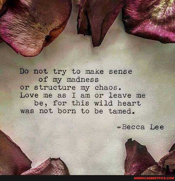 Do not try to make sense of my madness or structure my chaos.
Love me as I am or leave me be, for this wild heart was not born to be tamed.
-Becca Lee