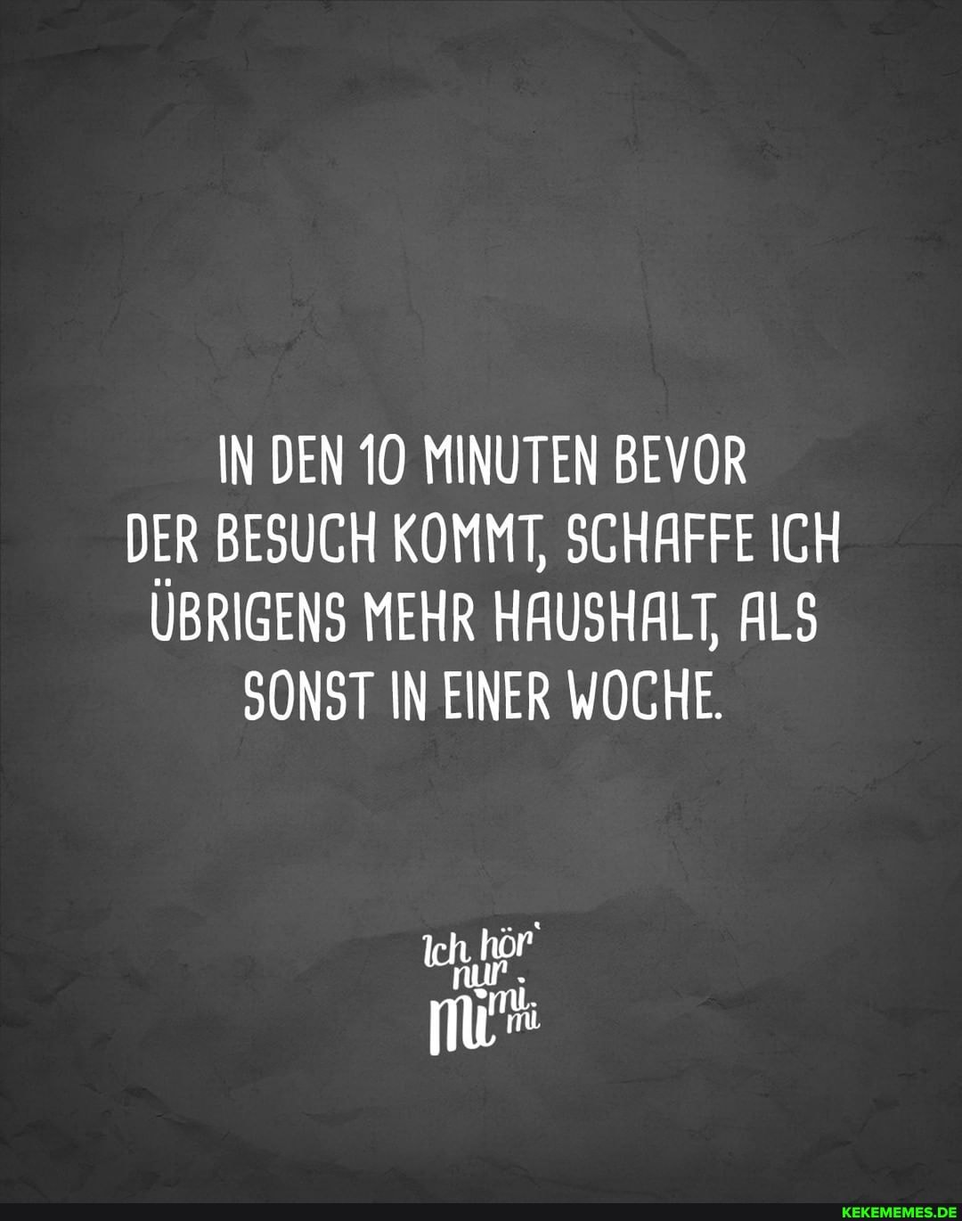 IN DEN 10 MINUTEN BEVOR DER BESUCH KOMMT, SCHAFFE ICH ÜBRIGENS MEHR HAUSHALT, ALS SONST IN EINER WOCHE.
nur