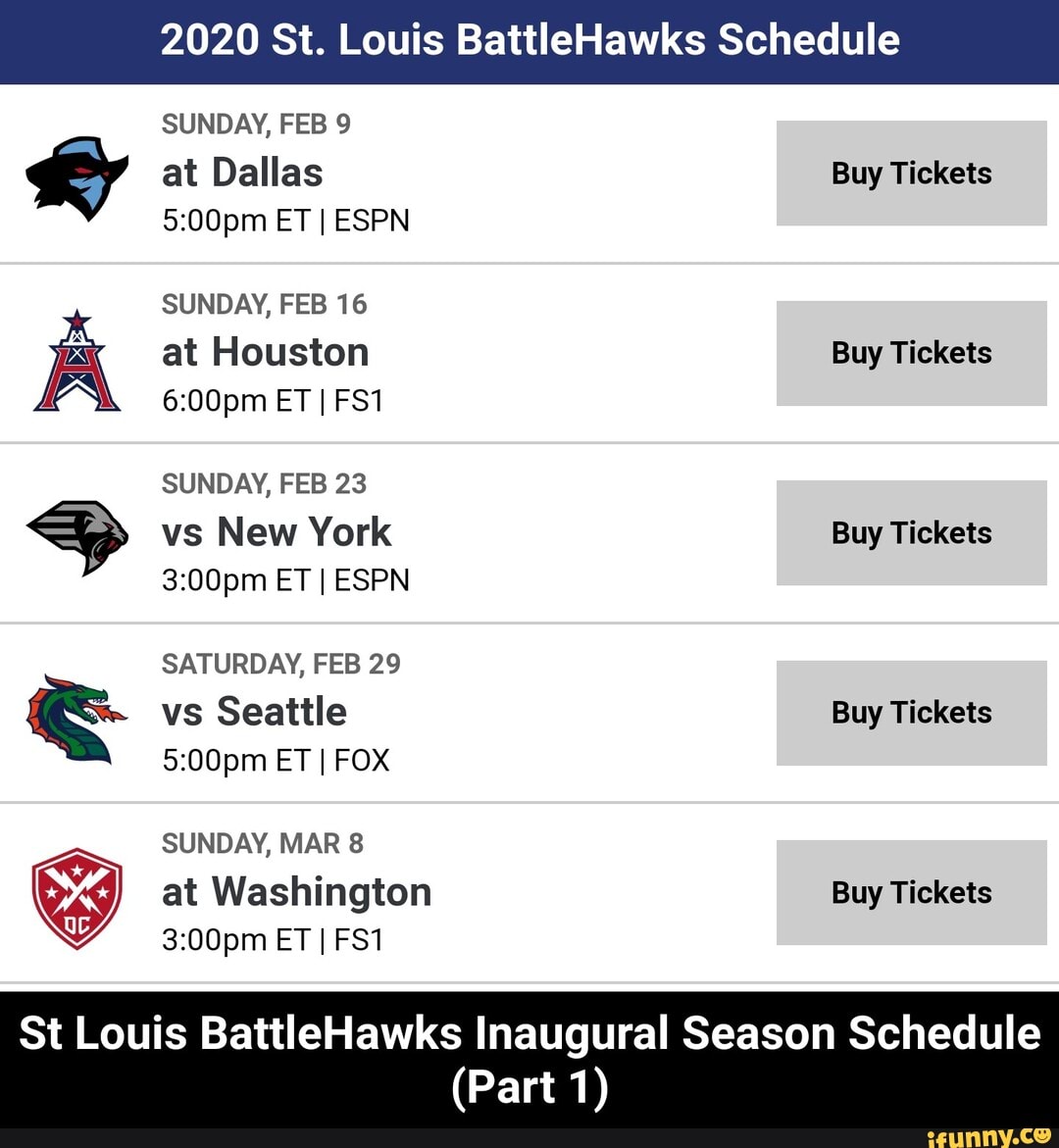 2020 St Louis Battlehawks Schedule Sunday Feb 9 A V At Dallas Buy