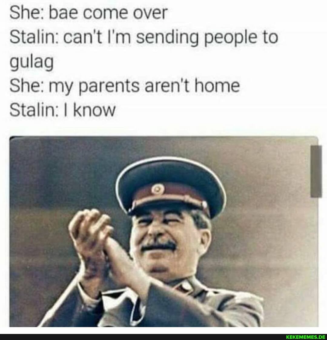 She: bae come over
Stalin: can't I'm sending people to gulag
She: my parents aren't home
Stalin: I Know