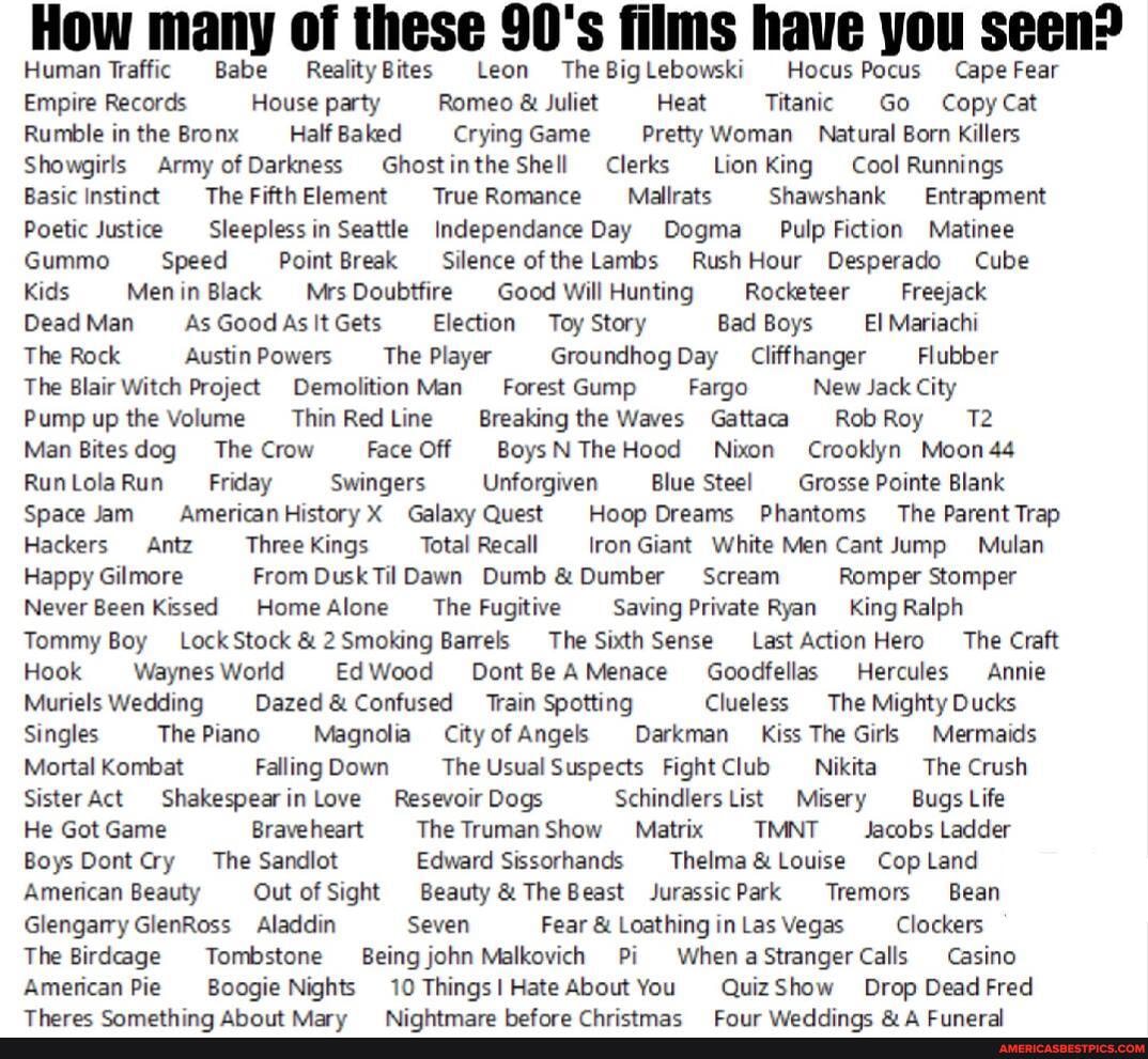 How many of these 90's films have you seen?
Human Traffic Babe RealityBites Leon TheBigLebowski Hocus Pocus Cape Fear
Empire Records House party Romeo & Juliet Heat Titanic Go Copy Cat
Rumble in the Bronx Half Baked Crying Game Pretty Woman Natural Born Killers
Showgirls Army of Darkness GhostintheShell Clerks Lion King Cool Runnings
Basic Instinct TheFifthElement TrueRomance Mallrats Shawshank Entrapment
Poetic Justice Sleepless in Seattle Independance Day Dogma Pulp Fiction Matinee
Gummo Speed Point Break Silence ofthe Lambs Rush Hour Desperado Cube
Kids Menin Black MrsDoubtfire Good Will Hunting Rocketeer Freejack
Dead Man As Good As It Gets Election Toy Story Bad Boys El Mariachi
The Rock Austin Powers The Player Groundhog Day Cliffhanger Flubber
The Blair Witch Project Demolition Man Forest Gump Fargo New Jack City
Pump up the Volume ThinRedLine Breakingthe Waves Gattaca RobRoy 12
Man Bitesdog The Crow Face Off BoysNTheHood Nixon Crooklyn Moon 44
RunLolaRun Friday Swingers Unforgiven Blue Steel Grosse Pointe Blank
Space Jam AmericanHistory X Galaxy Quest Hoop Dreams Phantoms The Parent Trap
Hackers Antz Three Kings Total Recall Iron Giant White Men Cant Jump Mulan
Happy Gilmore From DuskTil Dawn Dumb & Dumber Scream Romper Stomper
Never Been Kissed HomeAlone The Fugitive Saving Private Ryan King Ralph
Tommy Boy Lock Stock & 2 Smoking Barrels The Sixth Sense Last Action Hero The Craft
Hook Waynes World EdWood DontBeAMenace Goodfellas Hercules Annie
Muriels Wedding Dazed & Confused Train Spotting Clueless The Mighty Ducks
Singles The Piano Magnolia CityofAngels Darkman Kiss The Girls Mermaids
Mortal Kombat Falling Down The Usual Suspects FightClub Nikita The Crush
Sister Act Shakespearin Love Resevoir Dogs Schindlers List Misery Bugs Life
He Got Game Braveheart The Truman Show Matrix TMNT Jacobs Ladder
Boys Dont Cry The Sandlot Edward Sissorhands Cop Land
Amencan Beauty Out of Sight Beauty & TheBeast JurassicPark Tremors Bean
Glengarry GlenRoss Aladdin Seven Fear & Loathing in Las Vegas Clockers
The Birdcage Tombstone Being john Malkovich Pi WhenaStrangerCalls Casino
Amencan Pie Boogie Nights You QuizShow Drop Dead Fred