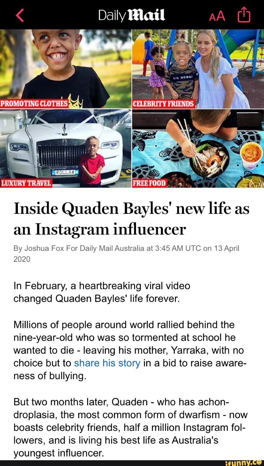 Inside Quaden Bayles New Life As An Instagram Influencer By Joshua Fox For Daily Mail Australia 