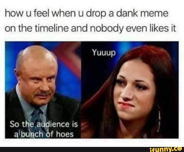 how u feel when u drop a dank meme on the timeline and nobody even likes it
Yuuup
SS
So the audience is albunch of hoes