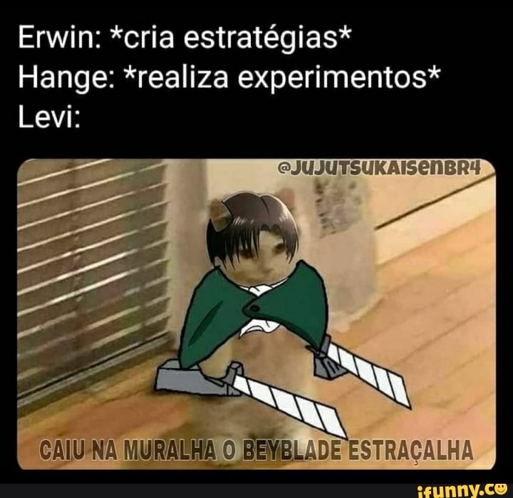 Erwin: *cria estratégias*
Hange: *realiza experimentos*
Levi:
CÁIU NA MURALHA O BEVELADE ESTRAÇALHA