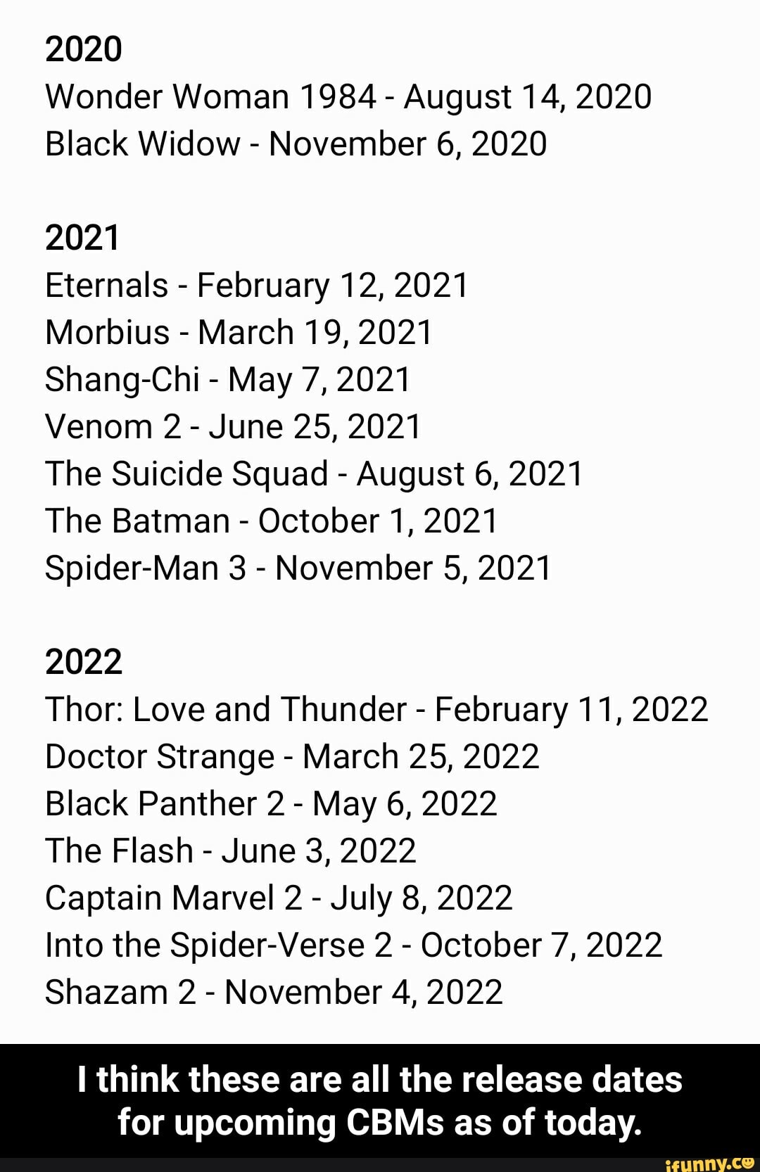 2020
Wonder Woman 1984
August 14, 2020
Black Widow
November 6, 2020
2021
Eternals
February 12, 2021
Morbius
March 19, 2021
Shang-Chi May 7, 2021
Venom 2
June 25, 2021
The Suicide Squad August 6, 2021
The Batman October 1, 2021
Spider-Man 3
November 5, 2021
2022
Thor: Love and Thunder February 11, 2022
Doctor Strange March 25, 2022
Black Panther 2
May 6, 2022
The Flash
June 3, 2022
Captain Marvel 2
July 8, 2022
Into the Spider-Verse 2
October 7, 2022
Shazam 2
November 4, 2022
I think these are all the release dates
for upcoming CBMs as of today. - I think these are all the release dates for upcoming CBMs as of today.