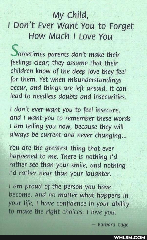My Child,
Don't Ever Want You to Forget
How Much I Love You
parents don't make their feelings clear; they assume that their children know of the deep love they feel for them. Yet when misunderstandings occur, and things are left unsaid, it can lead to needless doubts and insecurities.
don't ever want you to feel insecure, and I want you to remember these words am telling you now, because they will always be current and never changing...
You are the greatest thing that ever happened to me. There is nothing I'd rather see than your smile, and nothing
I'd rather hear than your laughter.
am proud of the person you have hecome. And no matter what happens in your life, confidence in your ability
Cage
