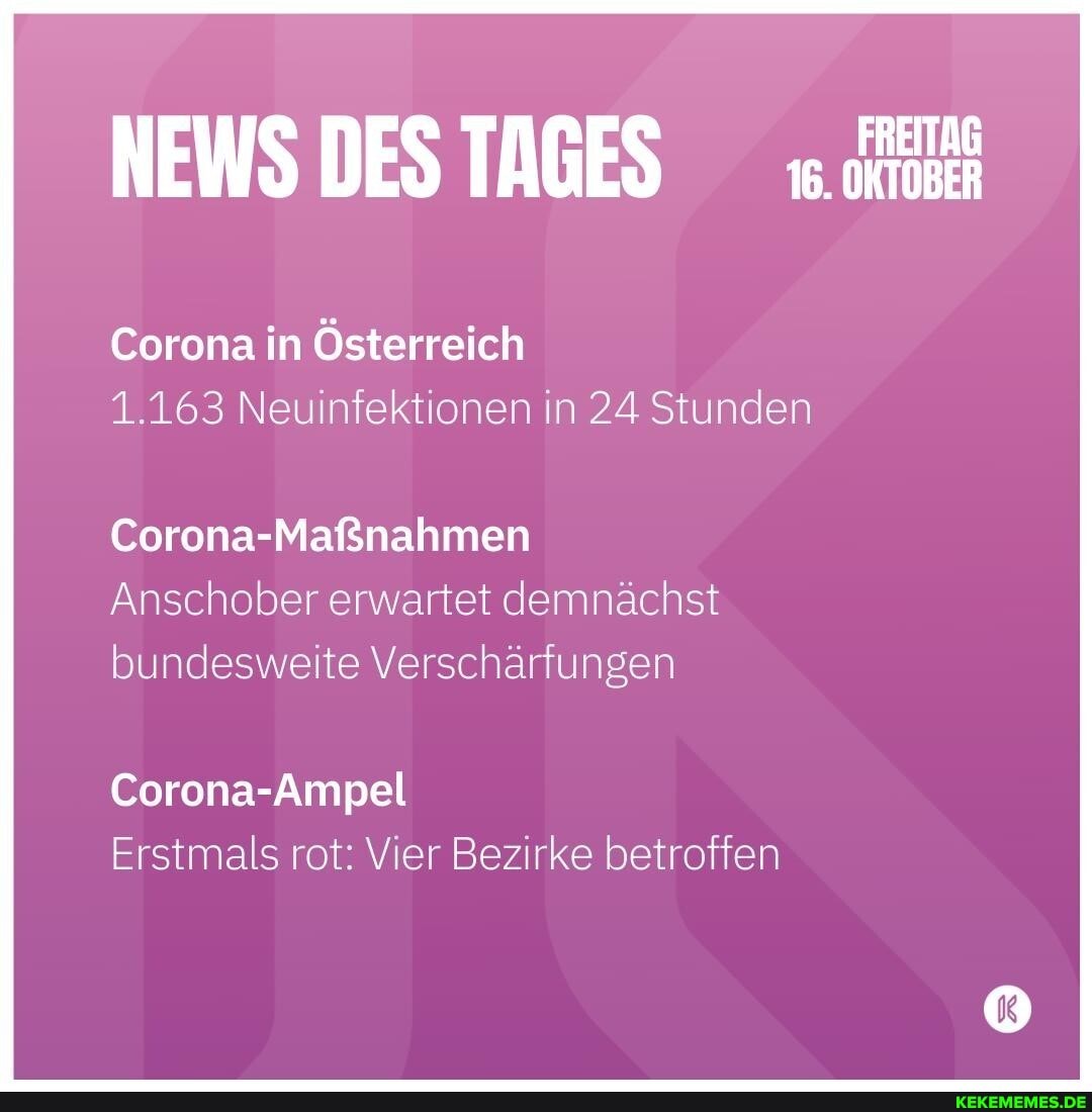 NEWS DES TAGES
Corona in Österreich
1.163 Neuinfektionen in 24 Stunden
Corona-Maßnahmen
Anschober erwartet demnächst bundesweite Verschärfungen
Corona-Ampel
Erstmals rot: Vier Bezirke betroffen