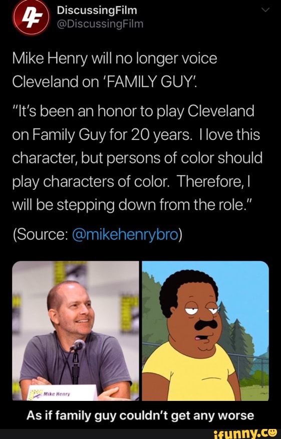 Mike Henry will no longer voice Cleveland on 'FAMILY GUY'. "It's been