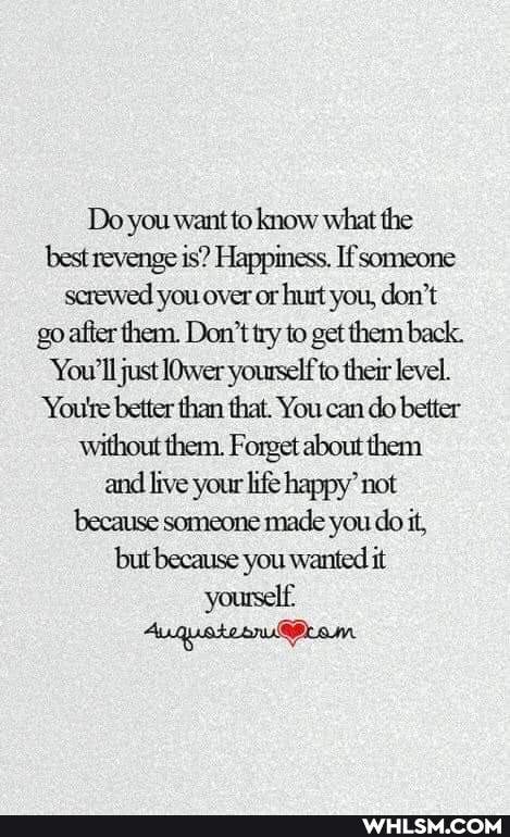Do you want to know what the best revenge is? Happiness. If someone screwed you over or hurt you, don't go after them. Don't try to get them back.
'You'll just lOwer yourself to their level.
'You're better than that. You can do better without them. Forget about them and live your life happy' not because someone made you do it, but because you wanted it yourself,