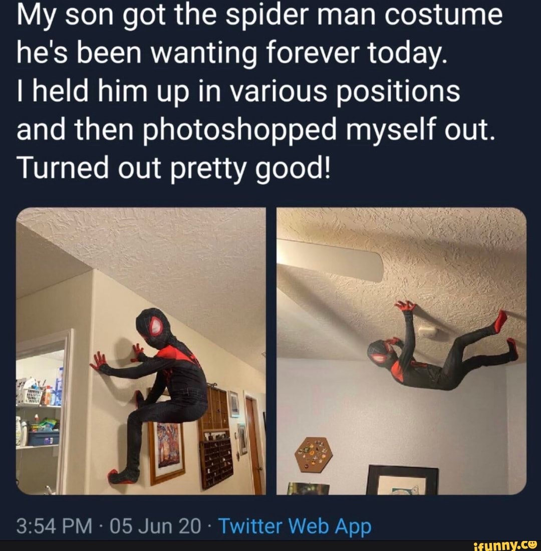 My Son Got The Spider Man Costume He S Been Wanting Forever Today I Held Him Up In Various Positions And Then Photoshopped Myself Out Turned Out Pretty Good Twitter Web App - heroes of robloxia on twitter what spider man suit is your