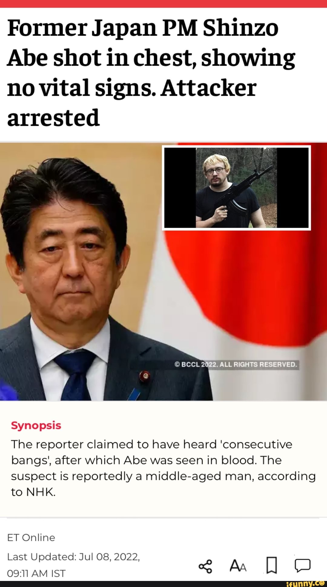 Former Japan PM Shinzo Abe shot in chest, showing no vital signs ...