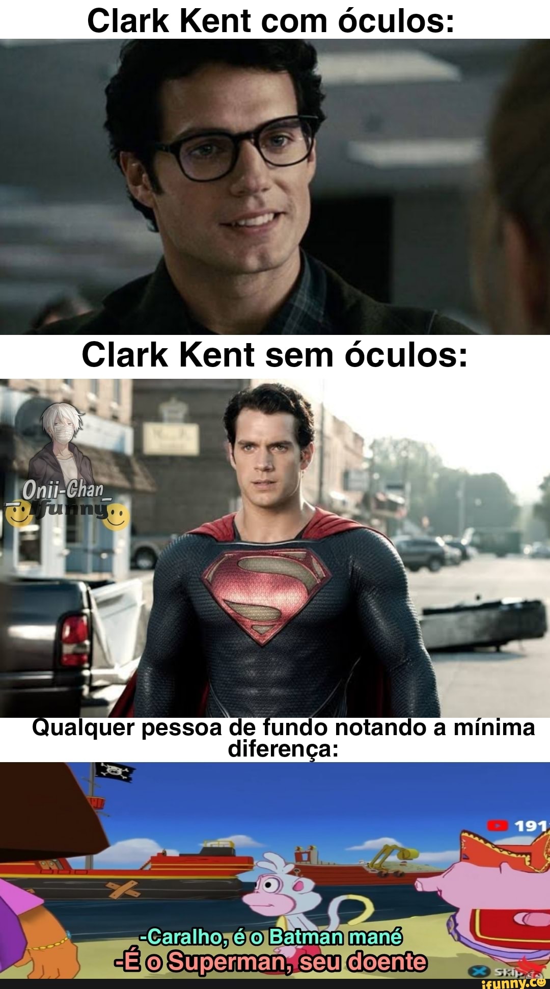 Clark Kent com óculos:
Clark Kent sem óculos:
Qualquer pessoa de fundo notando a mínima diferença: