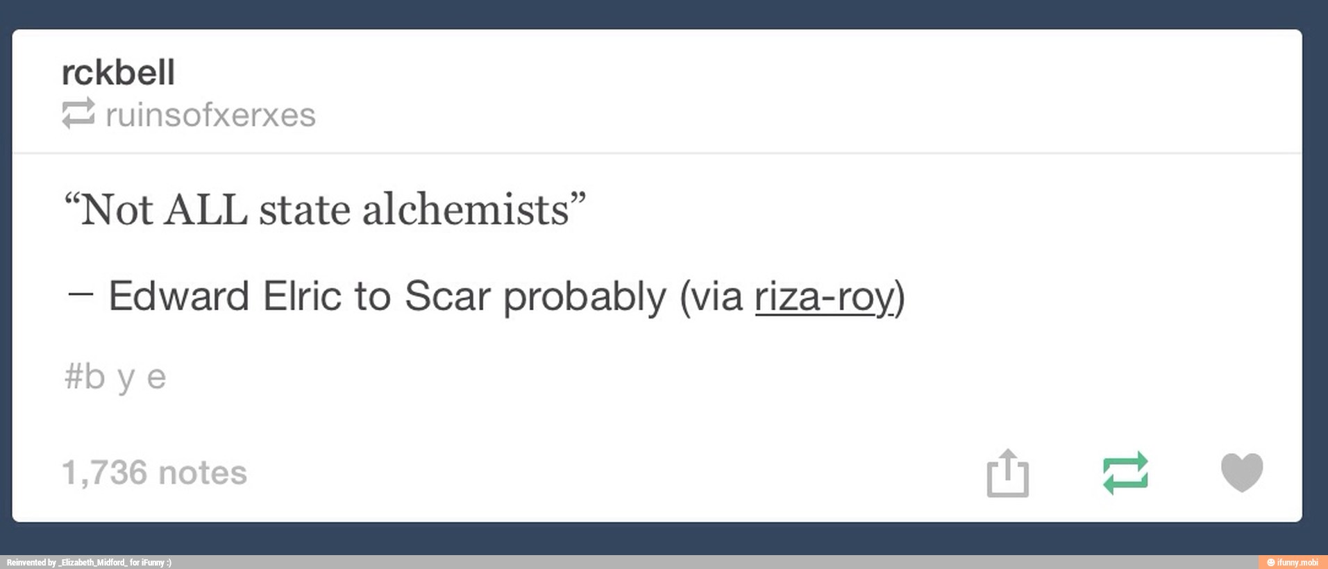 "Not ALL state alchemists"
Edward Elric to Scar probably (via riza-roy)