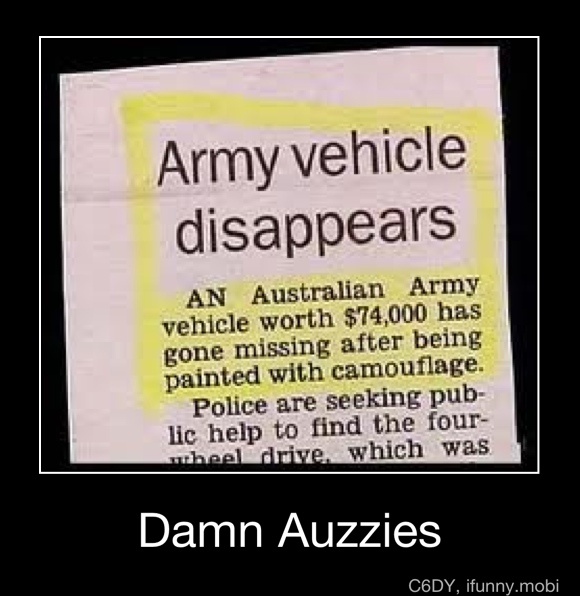 Army vehicle
disappears
AN Australian Army
vehicle worth $74,000 has
gone missing after being
painted with camouflage.
Police are
seeking pub-
lic help to find the four-
bee
e
which was
Damn Auzzies - Damn Auzzies