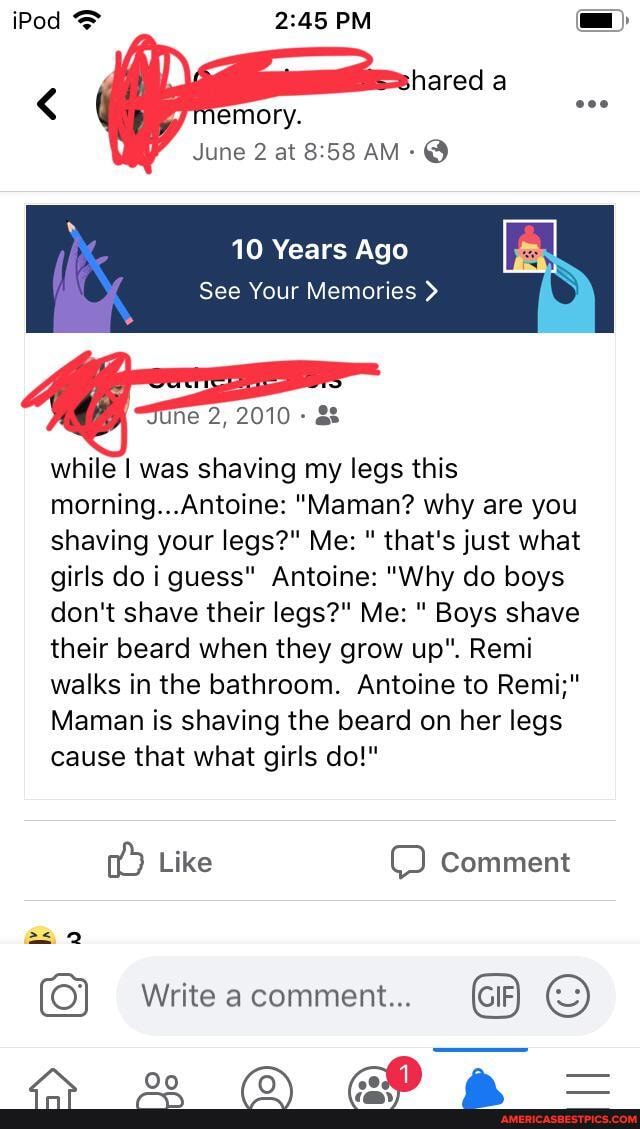 10 Years Ago
See Your Memories >
ine 2, 2010-
while I was shaving my legs this morning...Antoine: "Maman? why are you shaving your legs?" Me: " that's just what girls doi guess" Antoine: "Why do boys don't shave their legs?" Me: " Boys shave their beard when they grow up". Remi walks in the bathroom. Antoine to Remi;"
Maman is shaving the beard on her legs cause that what girls do!"
Like Comment
& 2
Write a comment...
NN oo pp -