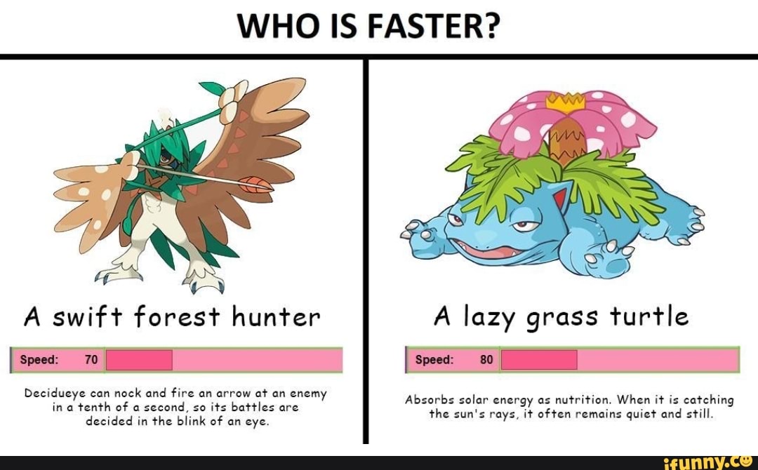 WHO IS FASTER?
A swift forest hunter A lazy grass turtle
Decidueye can nock and fire an arrow at an enemy in tenth of a second, so its battles are decided in the blink of an eye.
Absorbs solar energy as nutrition. When it is catching the sun's rays, it often remains quiet and still.