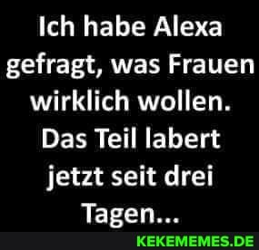 Ich habe Alexa gefragt, was Frauen wirklich wollen.
Das Teil labert jetzt seit drei
Tagen...
