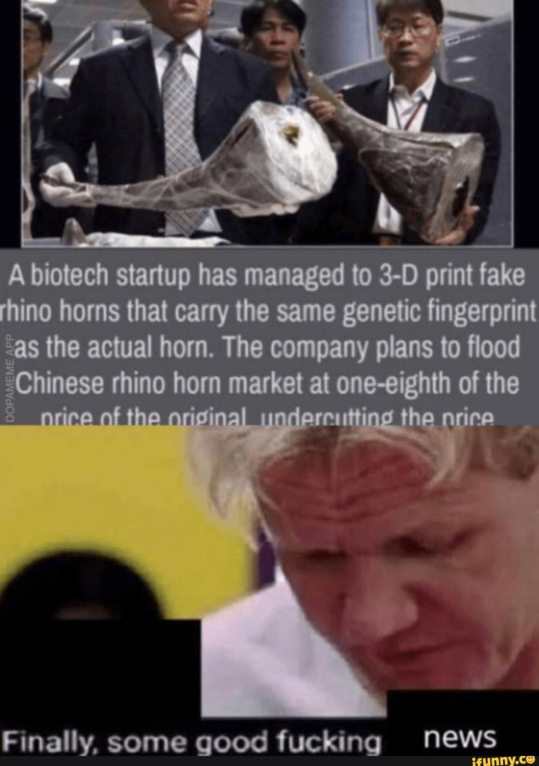 A biotech startup has managed to print fake rhino horns that carry the same genetic fingerprint al the actual horn. The company plans to flood
:Chinese rhino horn market at one-eighth of the
Finally, some good fucking News