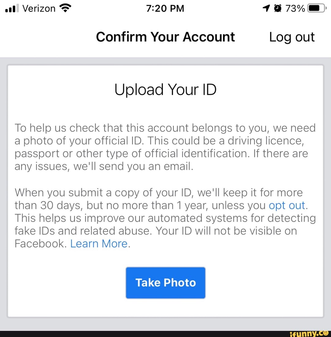 Verizon PM 73) Confirm Your Account Log out Upload Your ID To help us