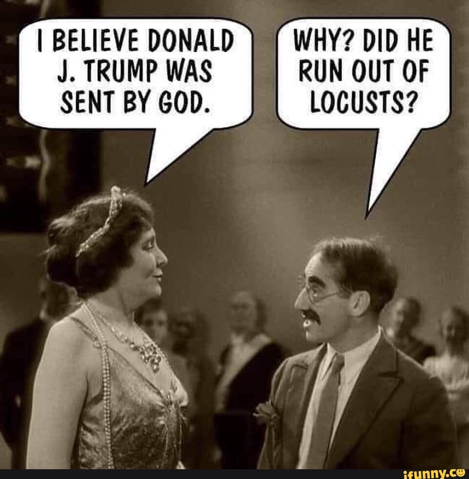 WHY? DID HE
RUN OUT OF
LOCUSTS?
I BELIEVE DONALD
J. TRUMP WAS
SENT BY GOD.
