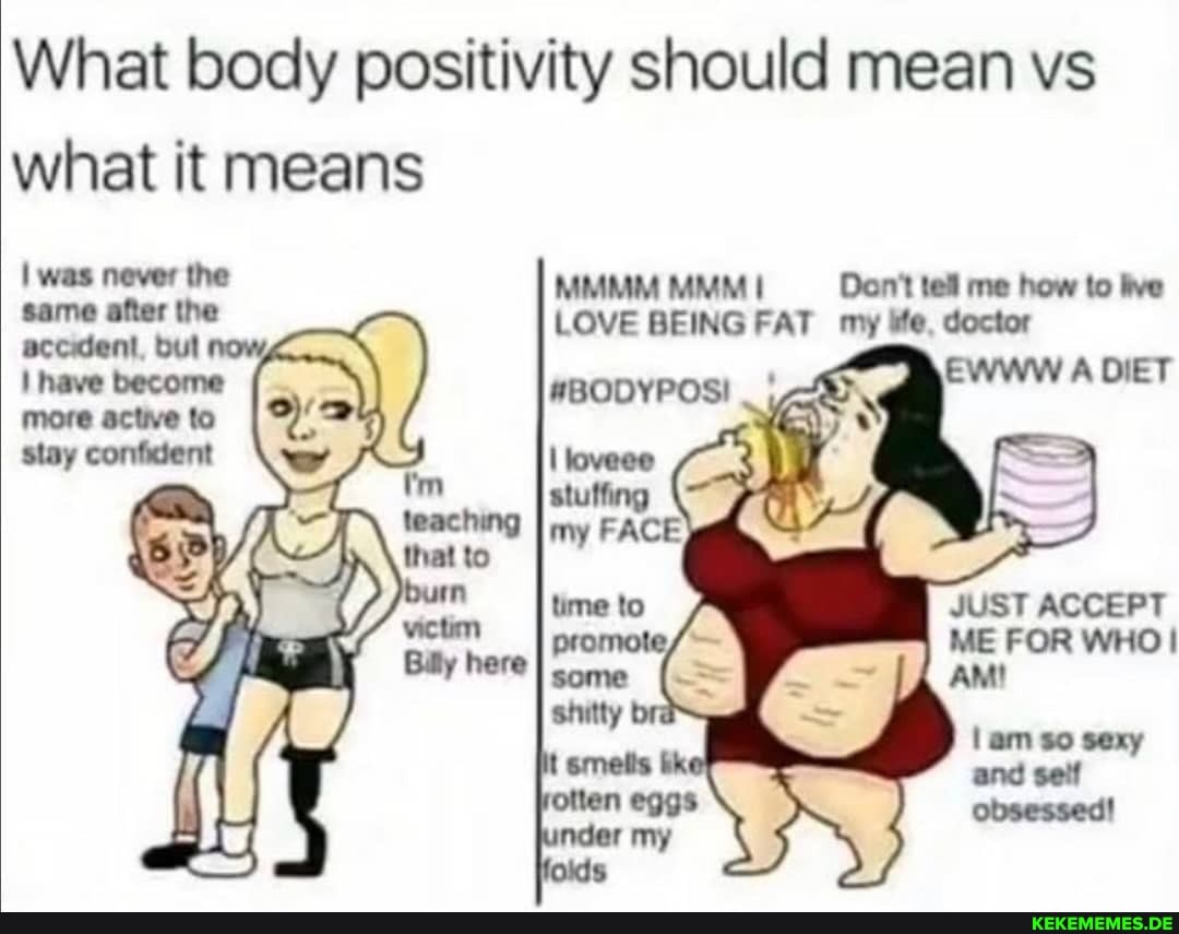 What body posit vity should mean vs what it means
MMMM MMM Don't tel me how to live
LOVE BEING FAT my fe, doctor
#BODYPOS!
AG.
to
ACCEPY
ME FOR WHO I AM!