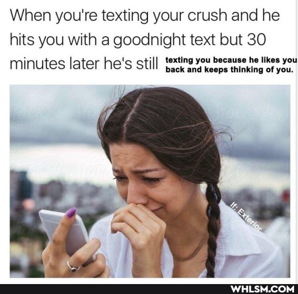 When you're texting your crush and he hits you with a goodnight text but 30
be he lik minutes later he's still