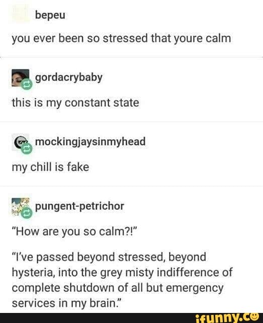 bepeu
you ever been so stressed that youre calm
this is my constant state
my chill is fake
"I've passed beyond stressed, beyond
hysteria, into the grey misty indifference of
complete shutdown of all but emergency
services in my brain."