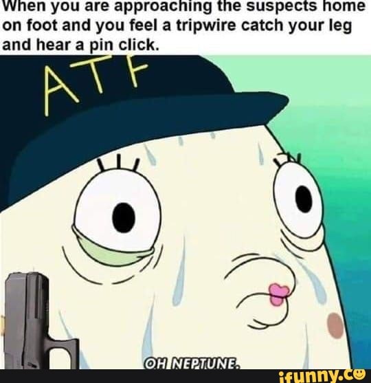 When you are approacning the suspects home
on foot and you feel a tripwire catch your leg
and hear a pin click.