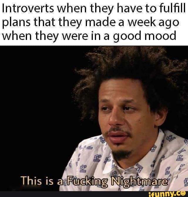 Introverts when they have to fulfill plans that they made a week ago
when they were in a good mood
This is atgtickineahlightmmanes