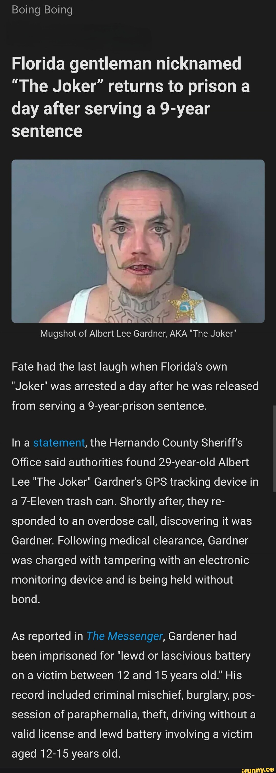 Boing Boing Florida gentleman nicknamed "The Joker" returns to prison a