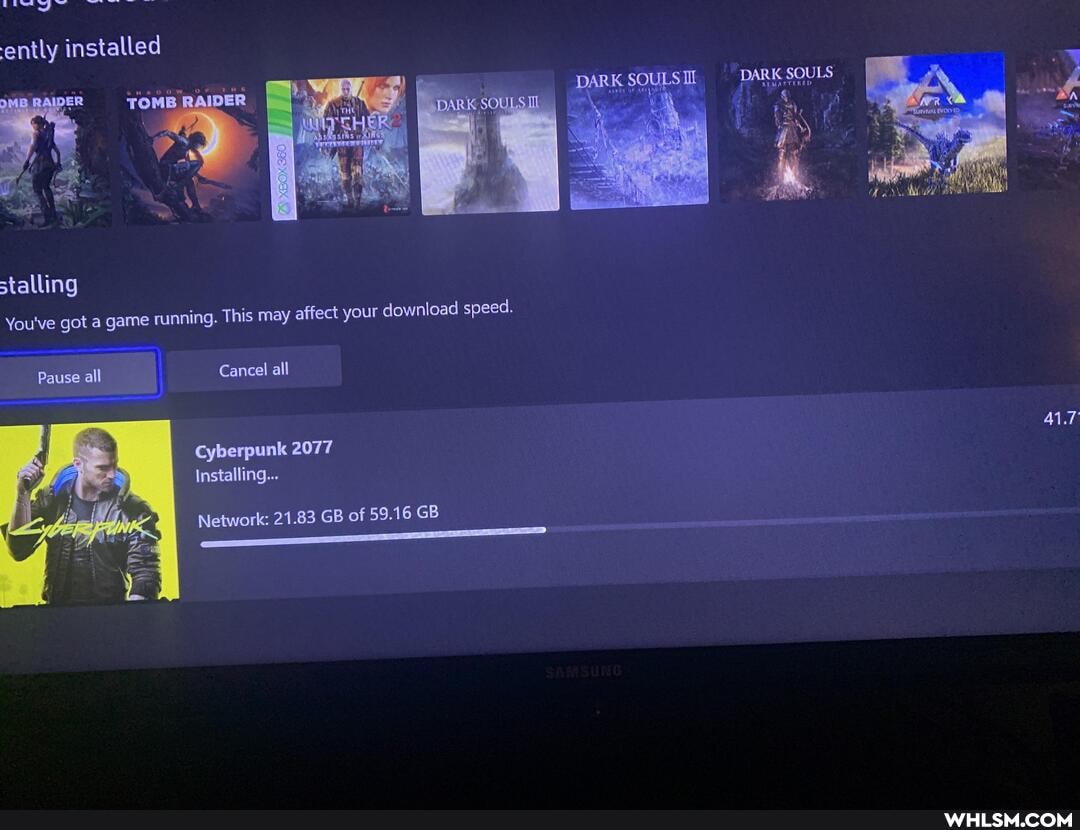 Wash
ently installed
TOMB
stalling
You've got a game running. This may affect your download speed.
DARK
SOULS
your download speed.
Cancel all
Pause all
Cyberpunk 2077
Installing...
Network: 21.83 GB of 59.16 GB