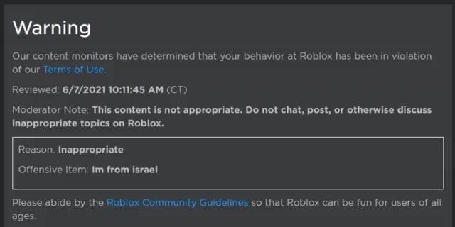 Warning Our Content Monitors Have Determined That Your Behavior At Roblox Has Been In Violation Of Our Terms Of Use Reviewed 10 Am Ct Am Ct Moderator Note This Content Is Not - roblox alexa bliss