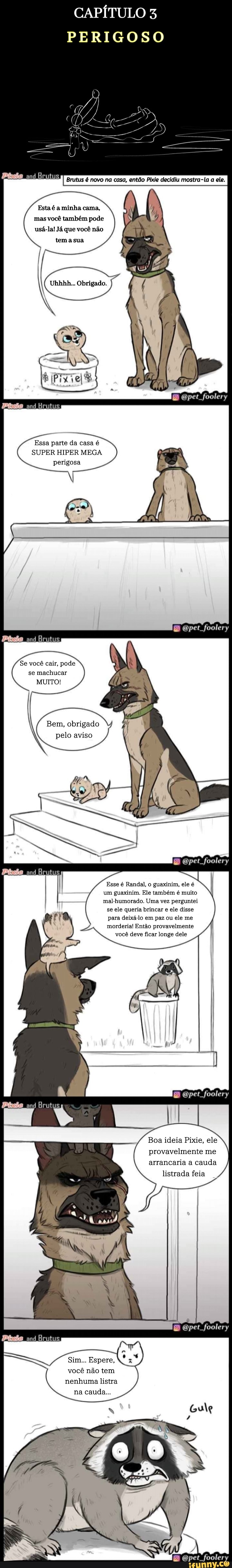 CAPÍTULO 3
PERIGOSO
Brutus novo na casa, então Pixie decidiu mostra-ta ela.
Esta é a minha cama, mas você também pode usá-la! Já que você não tema sua
Uhhhh... Obrigado.
foolery
Essa parte da casa é
SUPER HIPER MEGA perigosa
Brutus
Se você cair, pode se machucar
MUITO!
Bem, obrigado pelo aviso
opet foolery
pet foolery
Esse é Randal, o guaxinim, ele é um guaxinim. Ele também é muito mal-humorado. Uma vez perguntei
se ele queria brincar e ele disse
para deixá-lo em paz ou ele me
morderia! Então provavelmente você deve ficar longe dele
pet foolery
Boa ideia Pixie, ele
provavelmente me
arrancaria a cauda listrada feia
pet foolery
Sim... Espere,
você não tem
nenhuma listra na cauda...
fooler